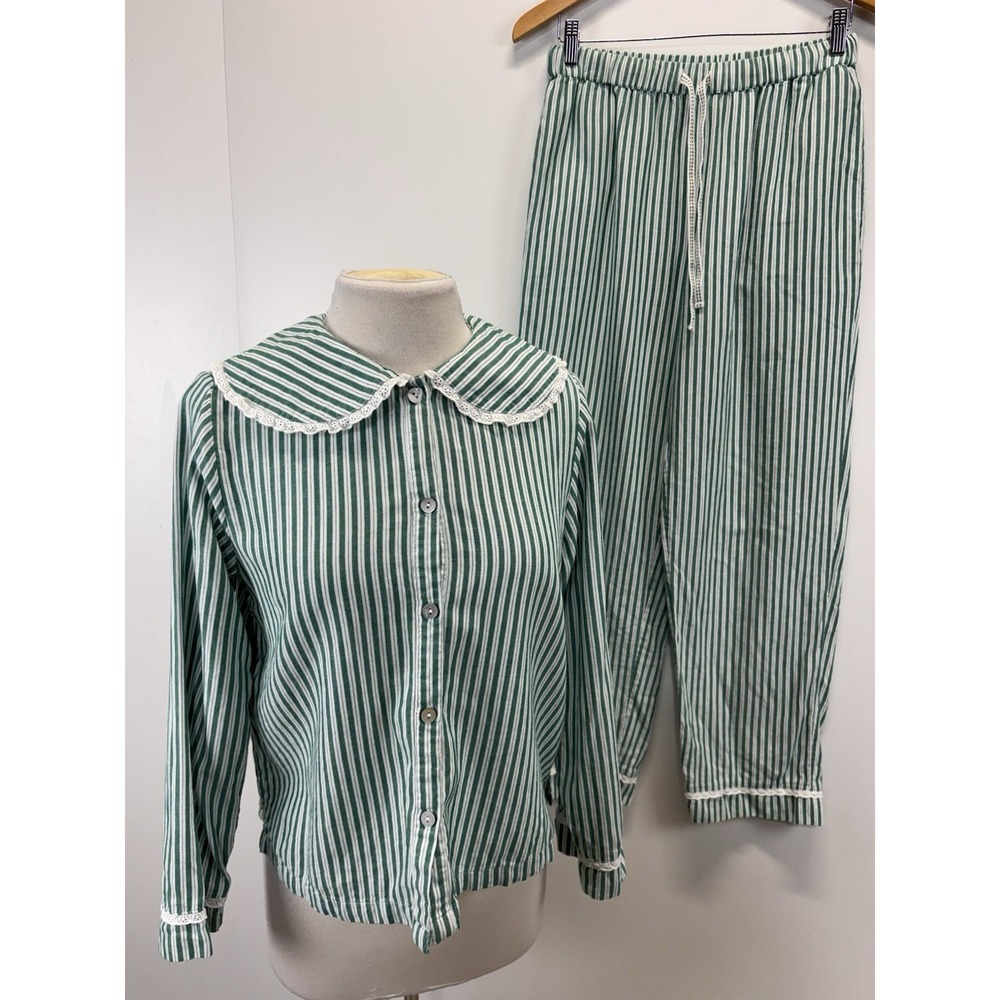 Rachel Ashwell 2 Pc Pajama Set Women's S Green Stripe Cottage Core Eyelet Trim